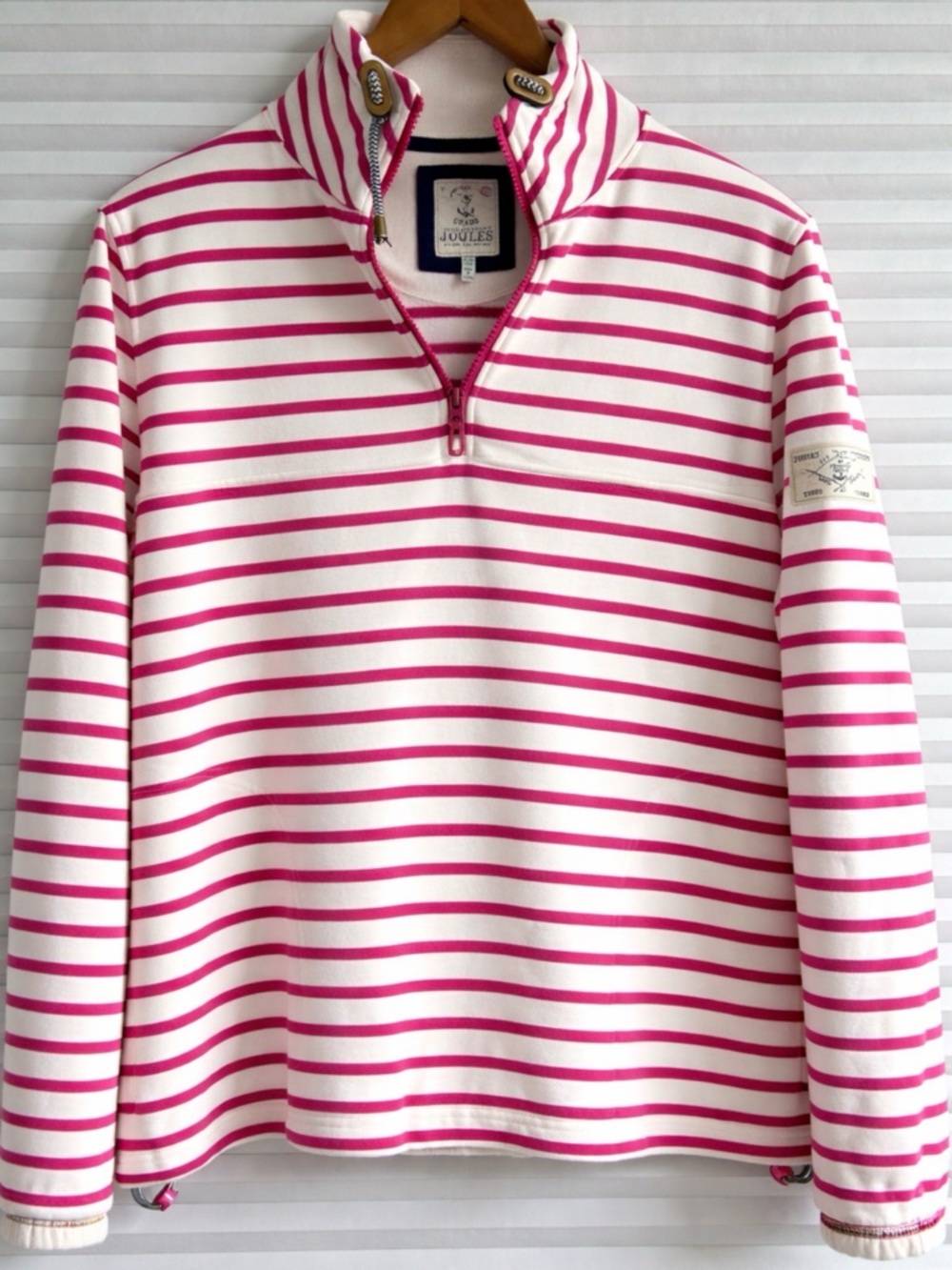 Joules Fuchsia and White Striped Pullover with Logo Patch